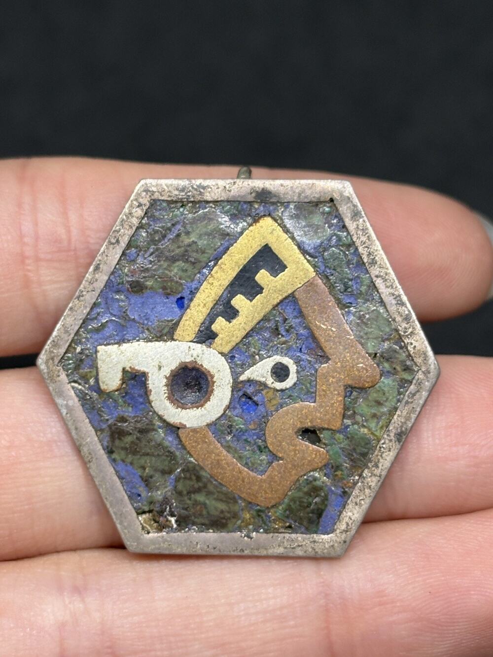 Vintage Nestor Taxco Silver Brooch Crushed Turquoise Lapis Lazuli Stamped 1.5”